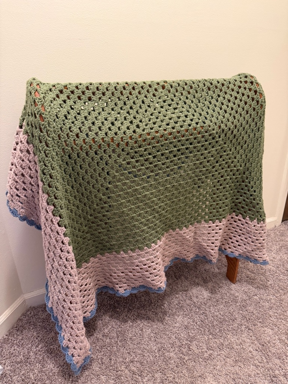 Handmade Green and Pink Crochet Throw Blanket with Blue Trim